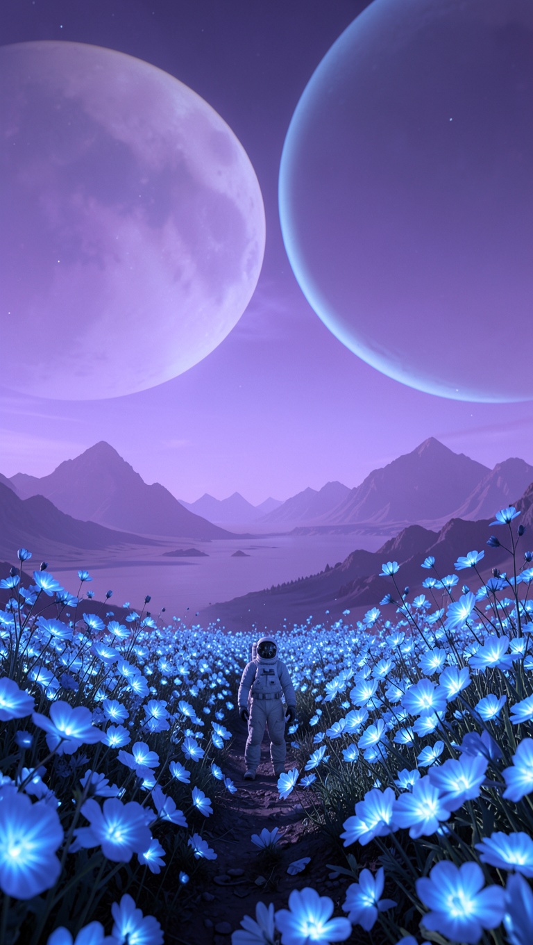 An astronaut among luminous blue flowers under two moons