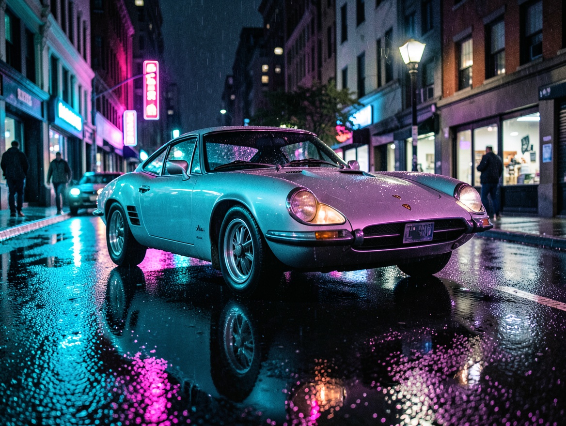 Silver sports car on a wet street with neon reflections