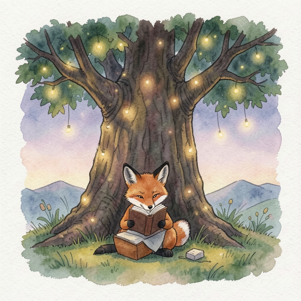 Watercolor fox reading a book under a tree with fireflies