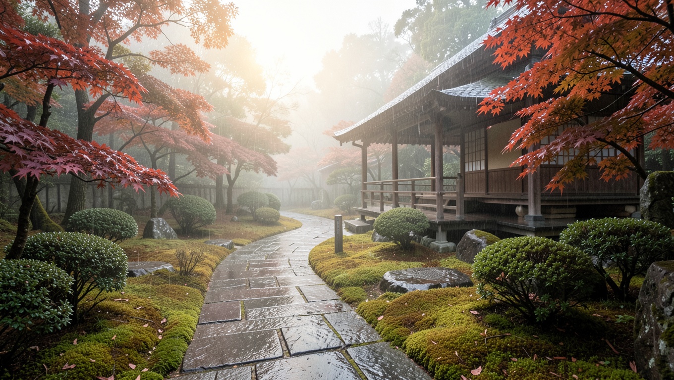 Japanese garden with a wet stone path, a tea house and red maple trees