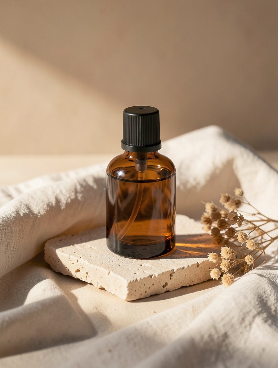 Amber perfume bottle on sandstone with linen and dried flowers