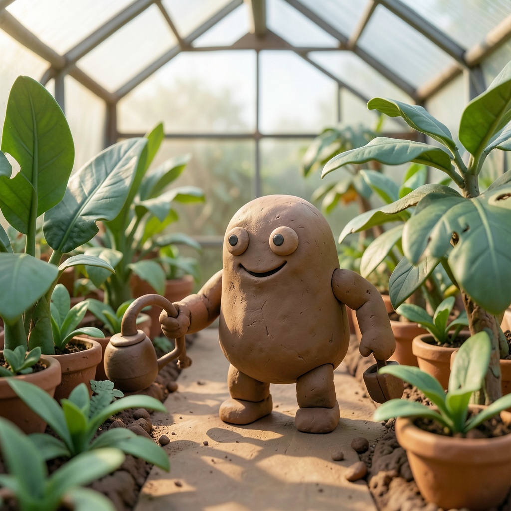 A handmade clay robot watering plants in a greenhouse